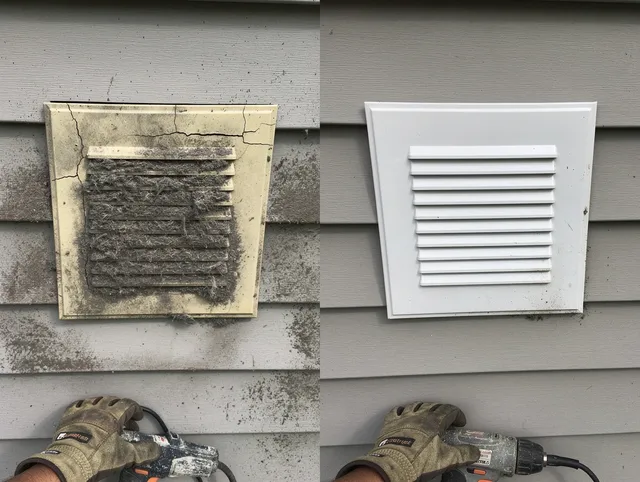 Winthrop Dryer Vent Cleaning technician installing high-quality dryer vent cover at a residential property in Winthrop